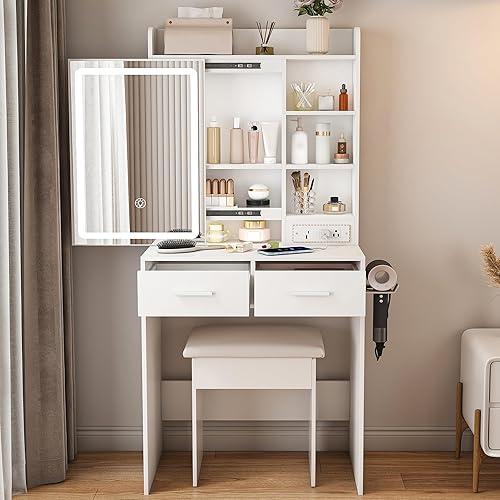 Escritorio de tocador para adolescentes con espejo y luces, juego de mesa de maquillaje pequeño con cajón, taburete, compartimento oculto, estante