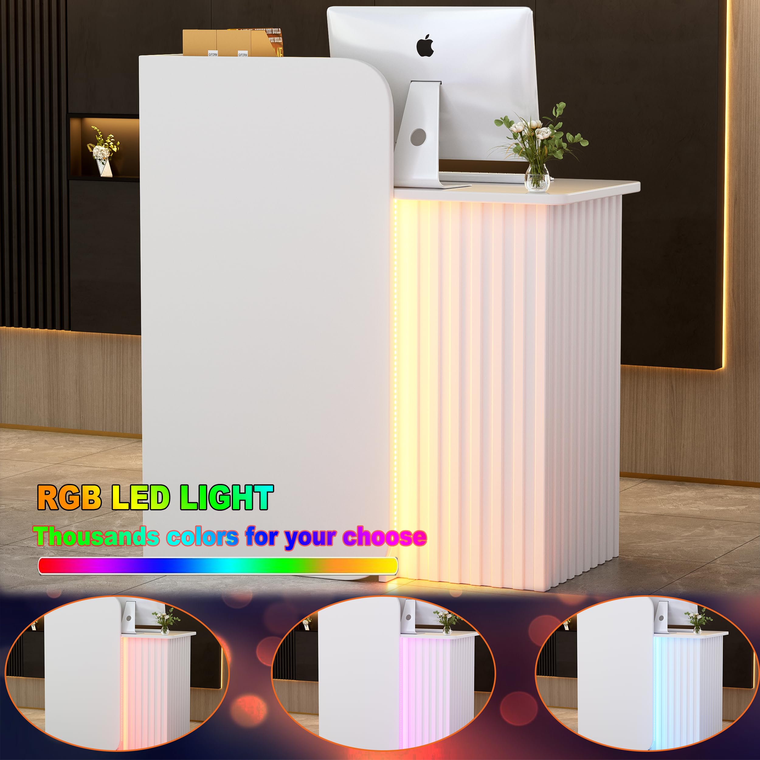MSFE Mostrador de Recepción con iluminación LED Compacto Escritorio de Recepción Pequeño Mueble de recepción con Cajón con Cerradura Mostrador de Venta Moderno Mostrador de Tienda Blanco 44x80x100CM
