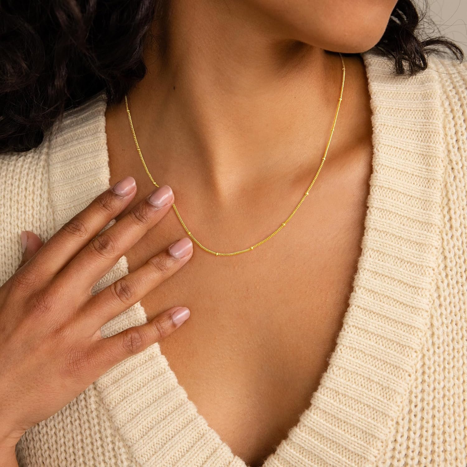 IEFWELL S925 Sterling Silver Chain Necklace for Women - 14K-Real-Gold-Plated Sterling Silver Satellite Bead Chain Choker, 14/16/18/20/22/24 Inch 1.2mm hypoallergenic Jewelry Gifts for Women - Image 3