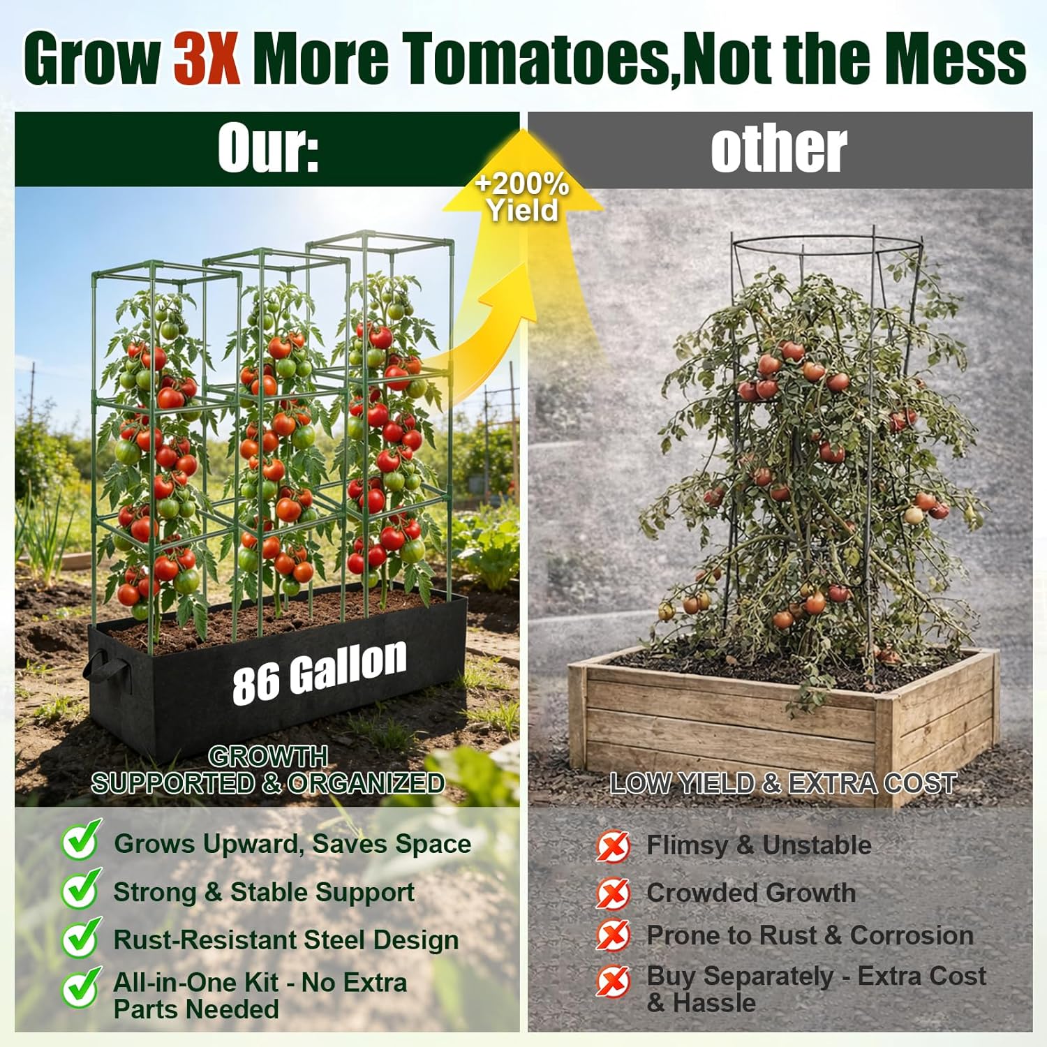 3 Pack Tomato Cages with 86 Gallon Grow Bag, 41" Anti-Collapse Tomato Planter with Trellis, Heavy Duty Adjustable Vertical Plant Support for Garden Raised Bed Patio Balcony Climbing Vegetables Flowers