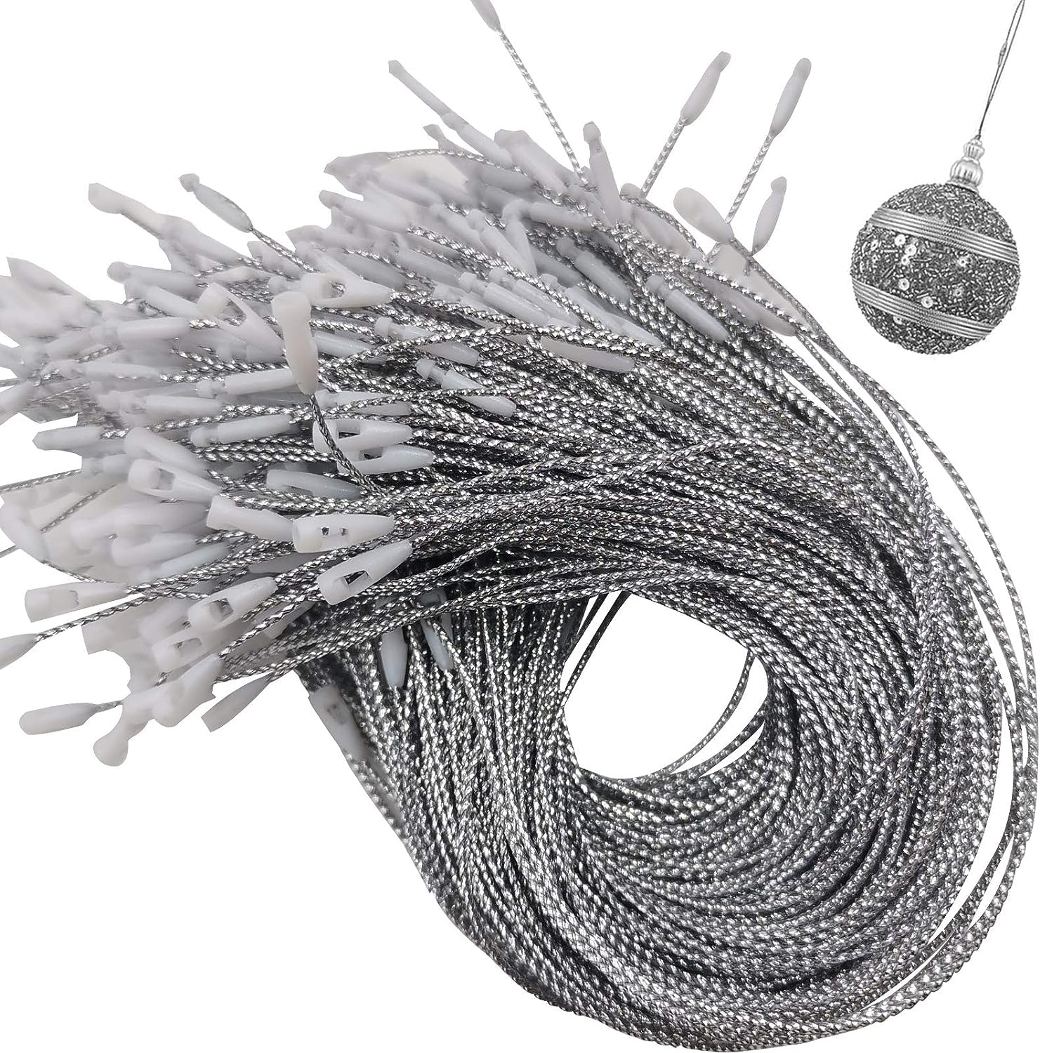 200pcs Christmas Ornaments String Hanger Precut Ribbon Hook for Christmas Tree Ornament Decorations Valentine's Day Party Hanging Ropes (Silver)