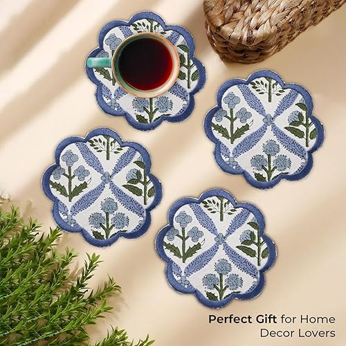 Miniatura 5 de Ridhi Juego de 8 posavasos de lona de algodón absorbente y elegante bordado festoneado, estilo bohemio, moderno, decoración del hogar y protección