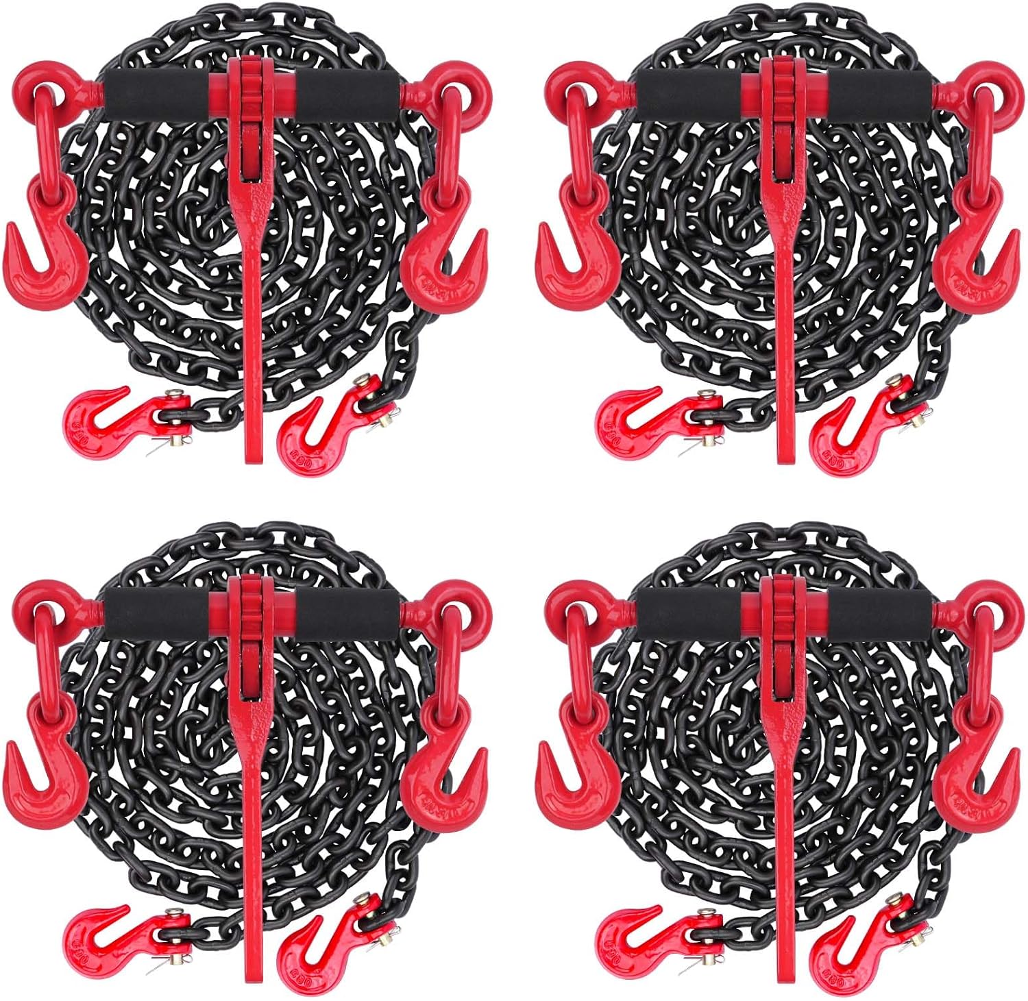 3/8''-1/2'' Chain Binders Grade 80 with 3/8 Transport Binder Chain G80 ×10ft, 4 Pack 3/8 to 1/2 Ratchet Load Binder 3/8 Tow Chian with G80 Grab Hook, 9,200 Lbs Working Safe Load