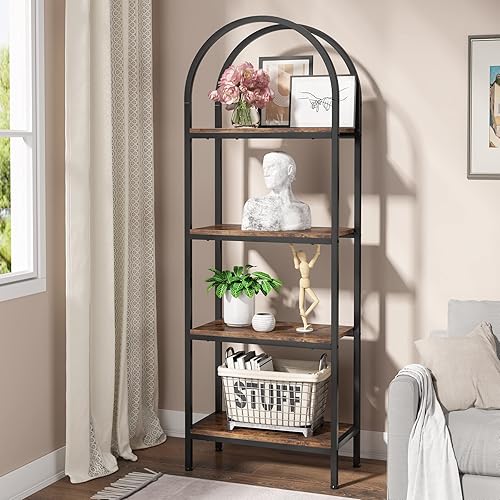 Miniatura 5 de Estantería arqueada de 4 niveles, estantes de almacenamiento abiertos altos, estante de exhibición independiente de metal de madera para oficina en