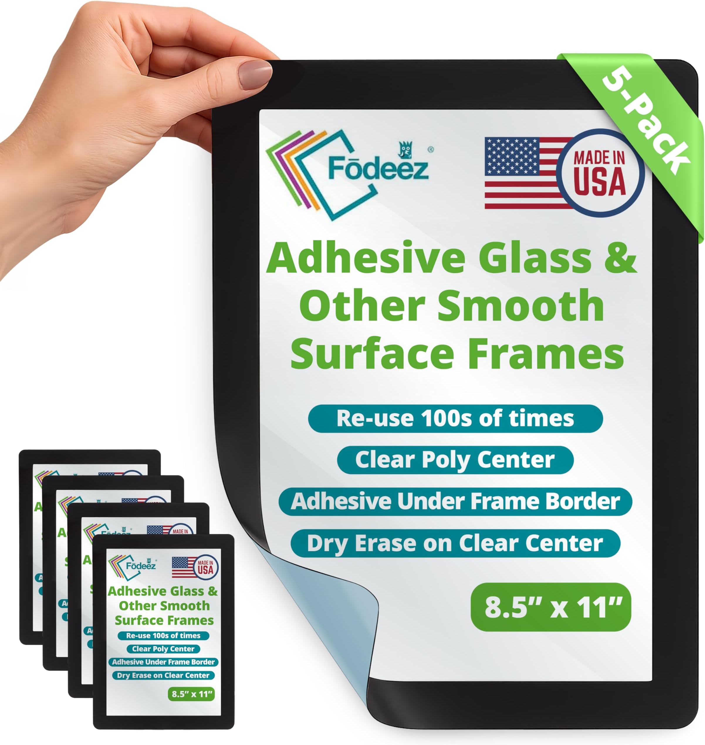 Fodeez Frames Self-Stick Adhesive Sign Display/Dry Erase Board, Black, 8.5"x11" Pack of 5 (FF-8511-05-SOL-BLA)