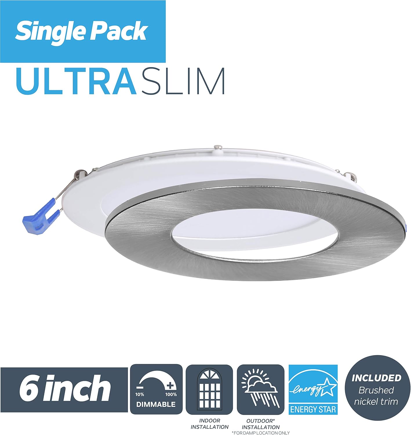 Nadair, 6’’ LED Recessed Ultra Slim Lights, 1-Pack, IC Rated, Dimmable, 15W=90W, 1125 Lumens, 4000K (Cool White), Large Junction Box, Quick Connect System, White Finish, Brushed Nickel Trim Included