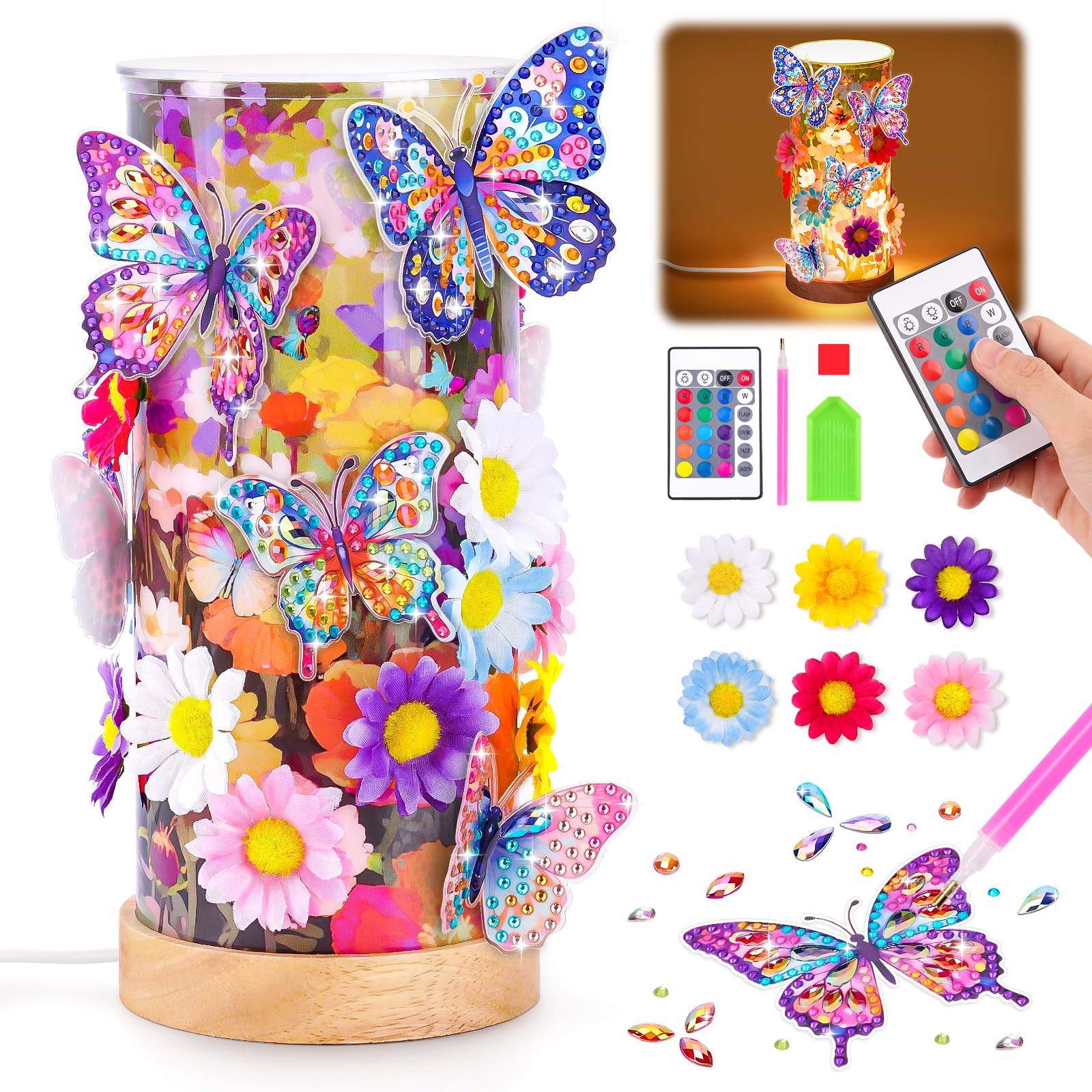 Gift for 8 9 10 5 6 7 Years Old Girls, Diamond Arts and Crafts Kits for Kids Age 10 9 8 7, DIY Diamond Painting Kit Butterfly Night Light Birthday Present, Flower Toy for 6-12 Year Old Girl Room Decor