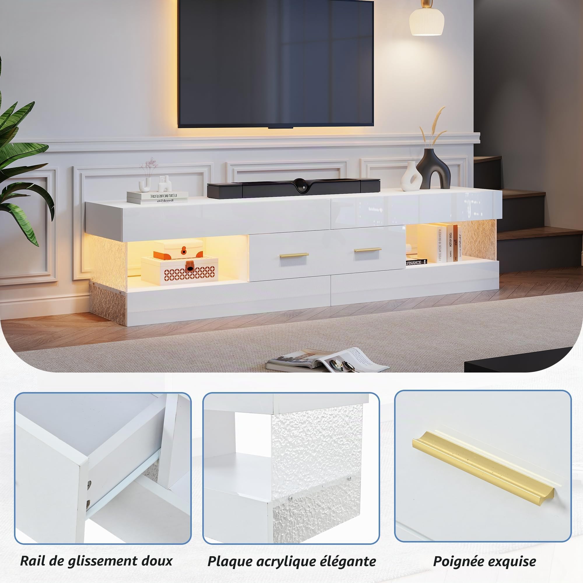 Meuble TV bas avec LED Blanc 152 cm