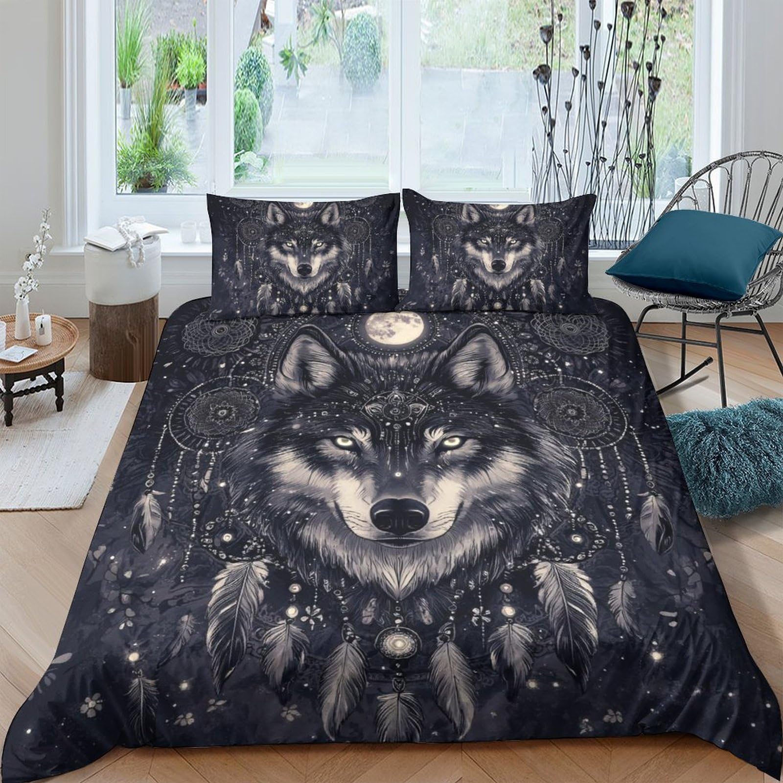 Ctjqhvkz Style-6 3D Printed Wolf Dreamcatcher Fitted Sheet Microfiber Soft Dark Animal Bed Cover For Bedroom Guest Room Décor Single（135X200cm）