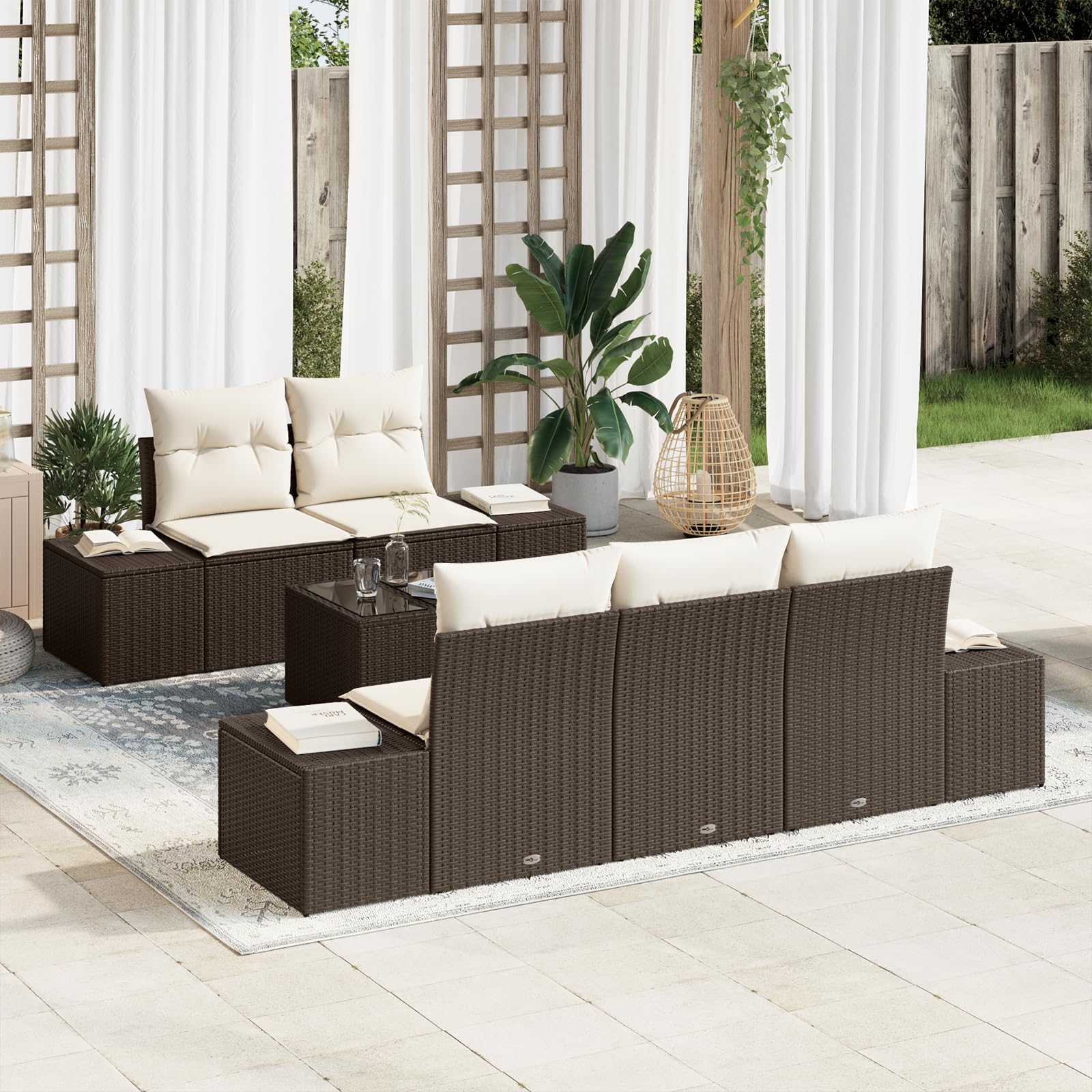 Juego de 6 sofás de jardín con cojín marrón de polirratán muebles para exteriores acogedores cómodos asientos tejidos a mano juego de muebles de jardín