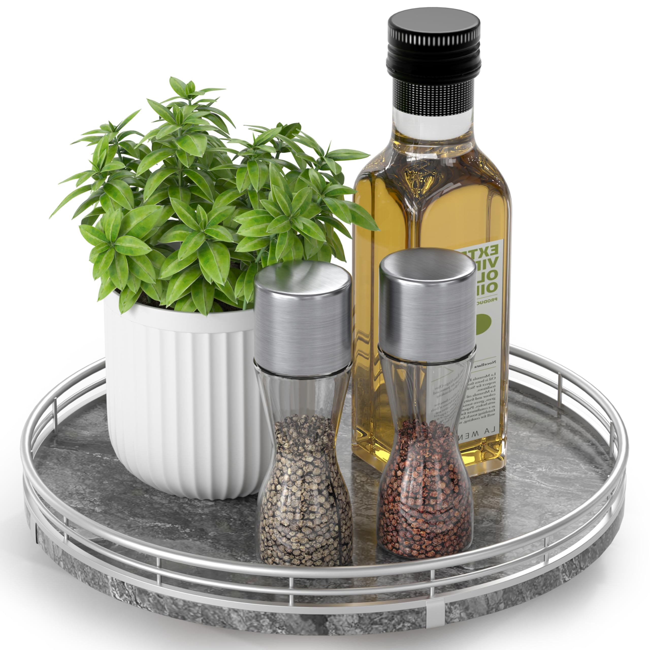Gray Marble Lazy Susan Turntable for Table Top – 10” Round Marble Tray Organizer for Dining Table, Kitchen Countertop & Bar, Luxury Stone Serving Tray with Silver Frame Gray & Silver 10 inches