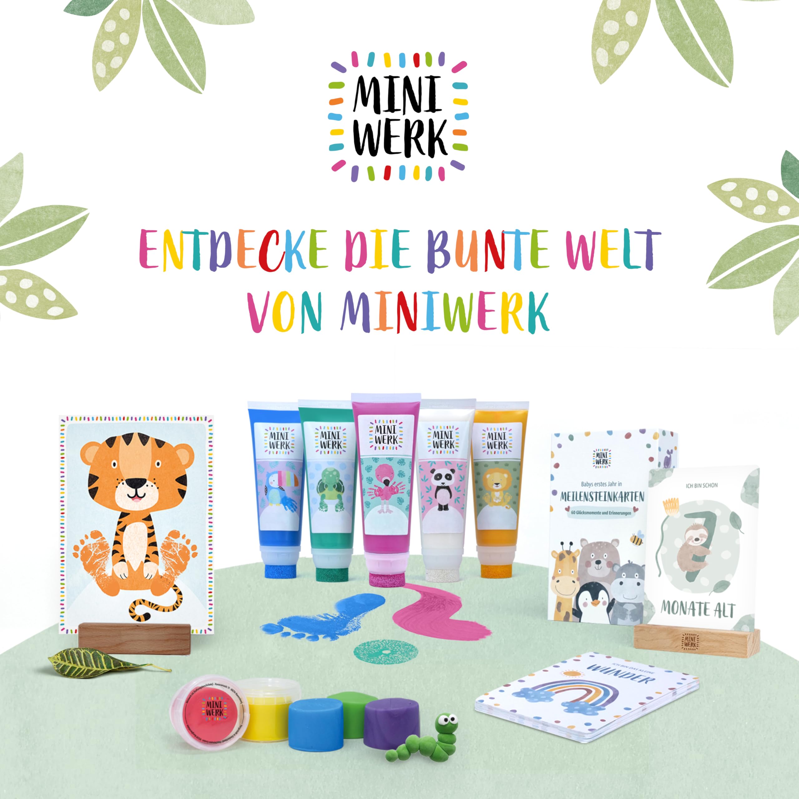 Miniwerk Mal- und Abdruckfarbe 10er Set mit Schwammaufsatz - 10 Malfarben auf Basis natürlicher Rohstoffe, schadstofffrei wie Fingerfarbe - Baby Handabdruck Set, Fußabdruck Baby