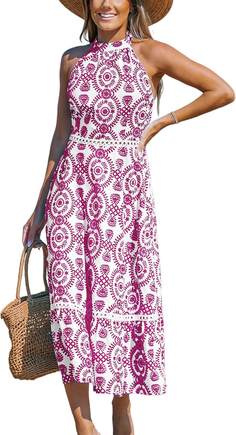 CUPSHE Women's Midi Dress Halter Paisley Sleeveless Cutout Waist Long Beach Boho Summer Dress