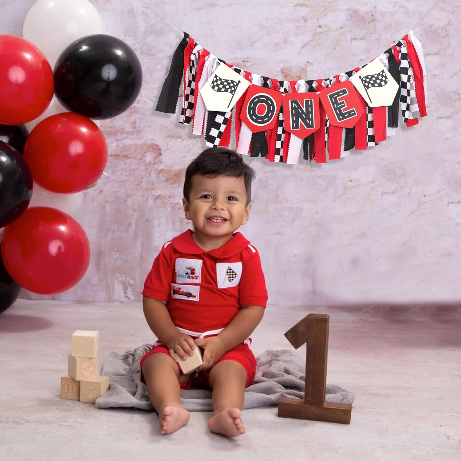 Race Car High Chair Banner - Fast One Birthday Party Decorations,Red Vintage Racing 1st Birthday Highchair Banner,Race Car Boy Smash Cake Banner,Racing Garland With Black And White Checkered Flags - Image 3