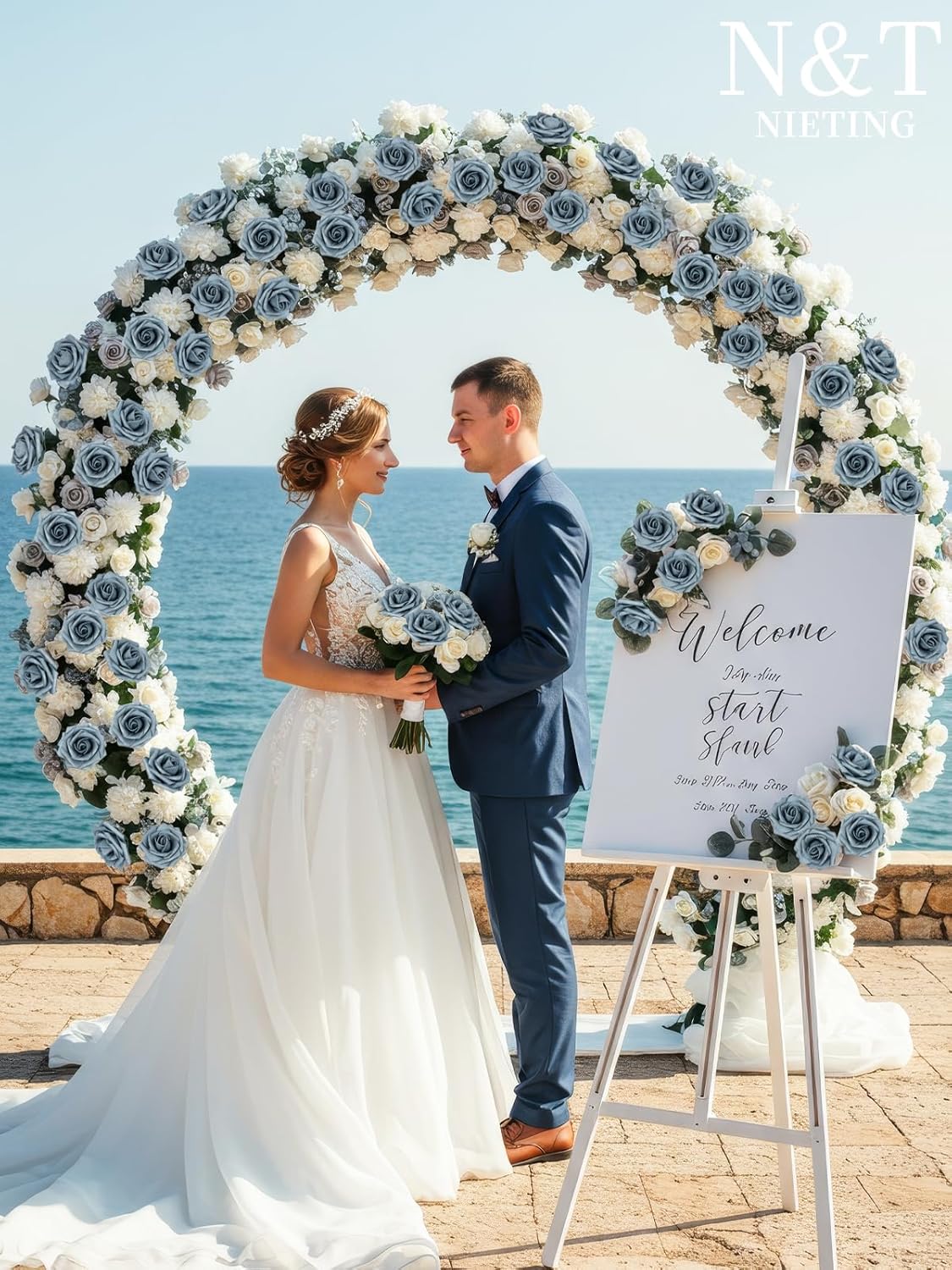 N&T NIETING Artificial Flowers, 25pcs Foam Roses Fake Flowers DIY Wedding Party Cake Decoration, Home Display, Dusty Blue Gray - Image 3