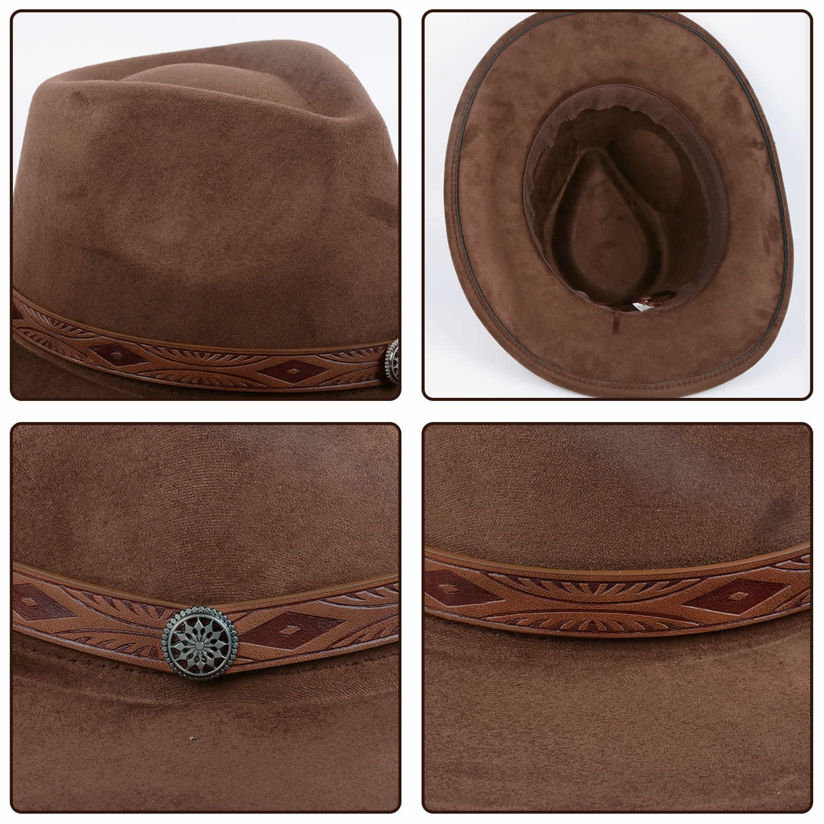 Cowboyhut für Damen und Herren, Western-Wildlederhüte, Panamahut, Cowboy-Cowgirlhüte mit breiter Krempe, Western-Wildleder-Cattleman-Cowboyhüte, Braun