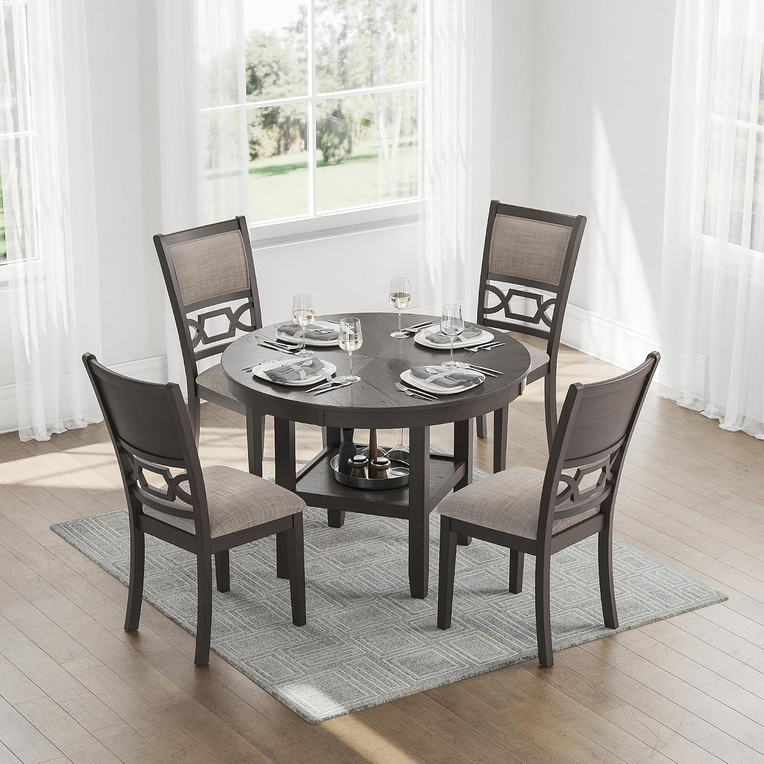 Signature Design by Ashley Wrenning 5-Piece Transitional Dining Table with Chairs Set, 42" Square Table with Shelf, Upholstered Fretwork Chairs, Light Gray
