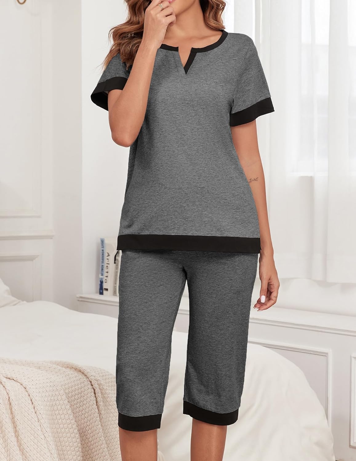 Womens Cotton Pajamas Sets Soft Top and Capris Summer Sleepwear Set Comfy Pjs - Image 2