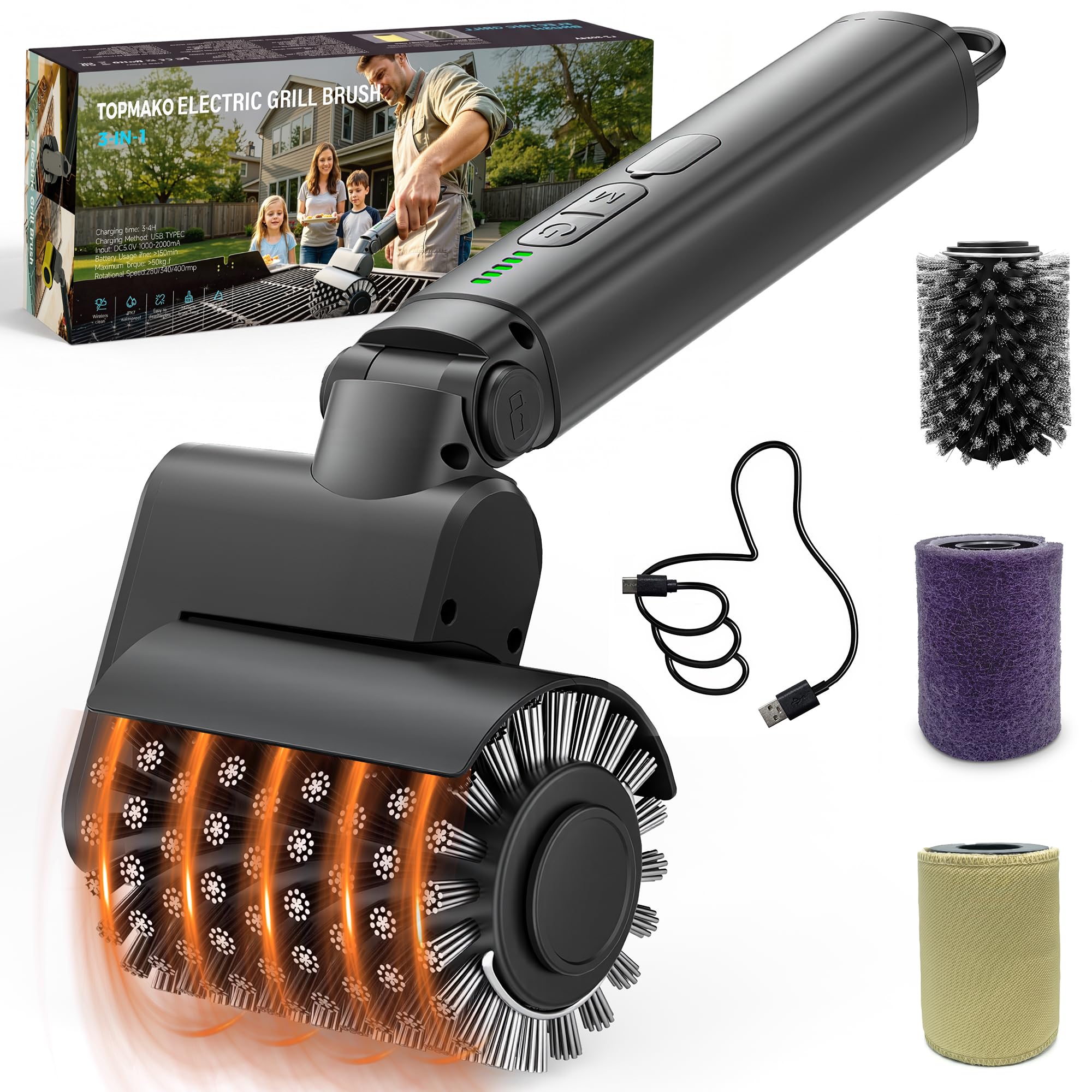 TOPMAKO Electric Grill Brush for Outdoor, Cordless BBQ Cleaner Rechargeable
