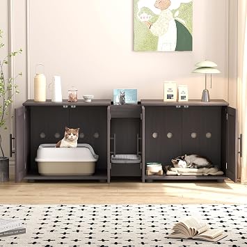 Litter Box Enclosure with Double Room, Cat Hidden Litter Box Enclosure Furniture for 2 Cats, Wooden Enclosed Cat Litter Box Furniture,55”Lx17.7”Wx20.6”H Cat House with Scratching Pad, Walnut