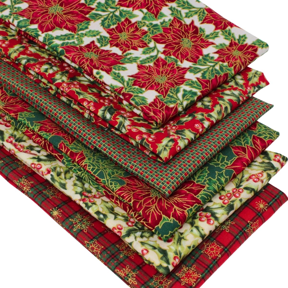 6 Fat Quarters Bundle - 'Poinsettia and Holly' Christmas Fabrics in Red & Green with Holly and Poinsettias. Ideal for Quilting & Crafting. 100% Cotton (and Free Patchwork Pattern by Overdale Fabrics)