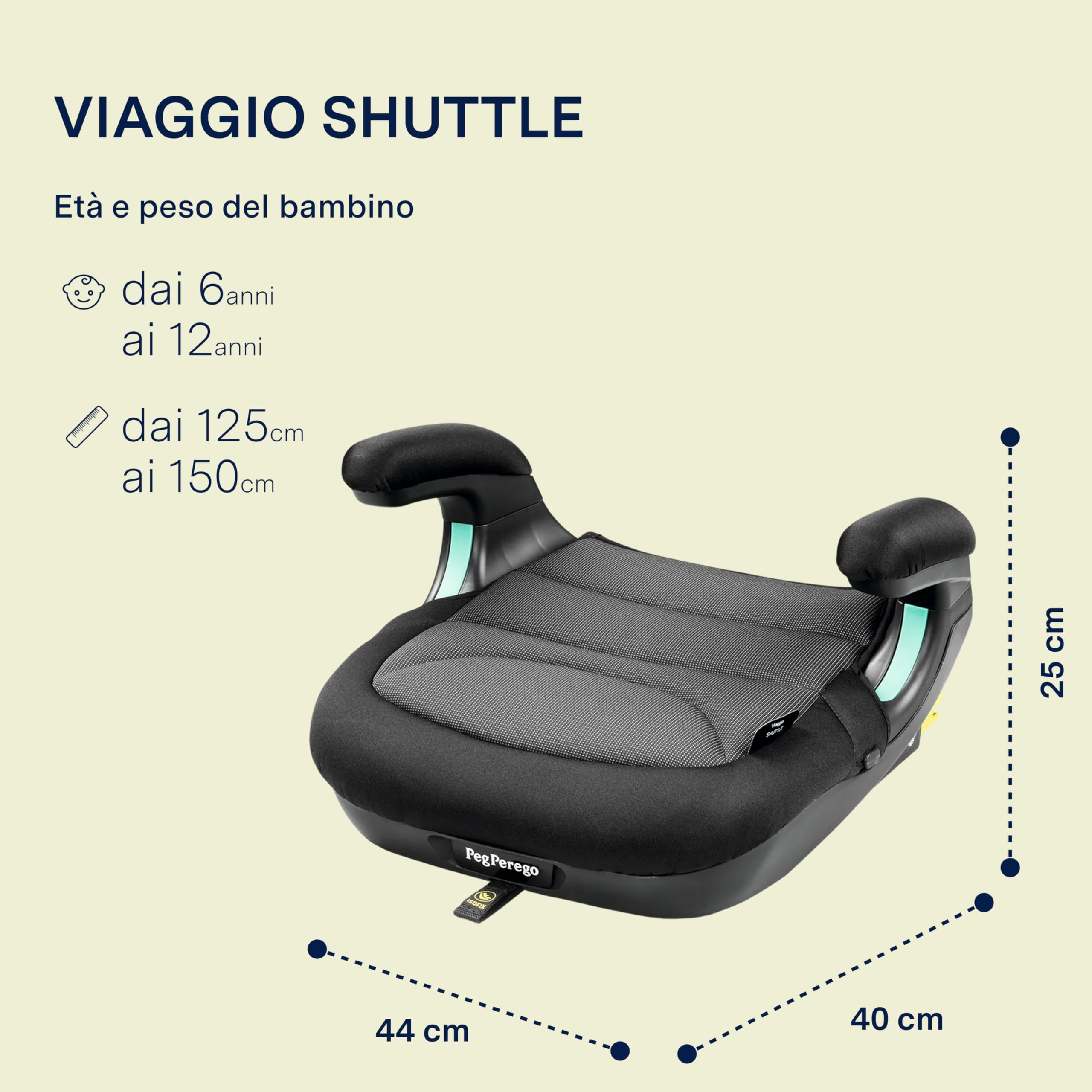 PEG Viaggio Shuttle Seggiolino Auto, Rialzo Auto con ISOFIX per Bambini da 125 a 150 cm (6-12 anni), 22-36 kg, Crystal Black