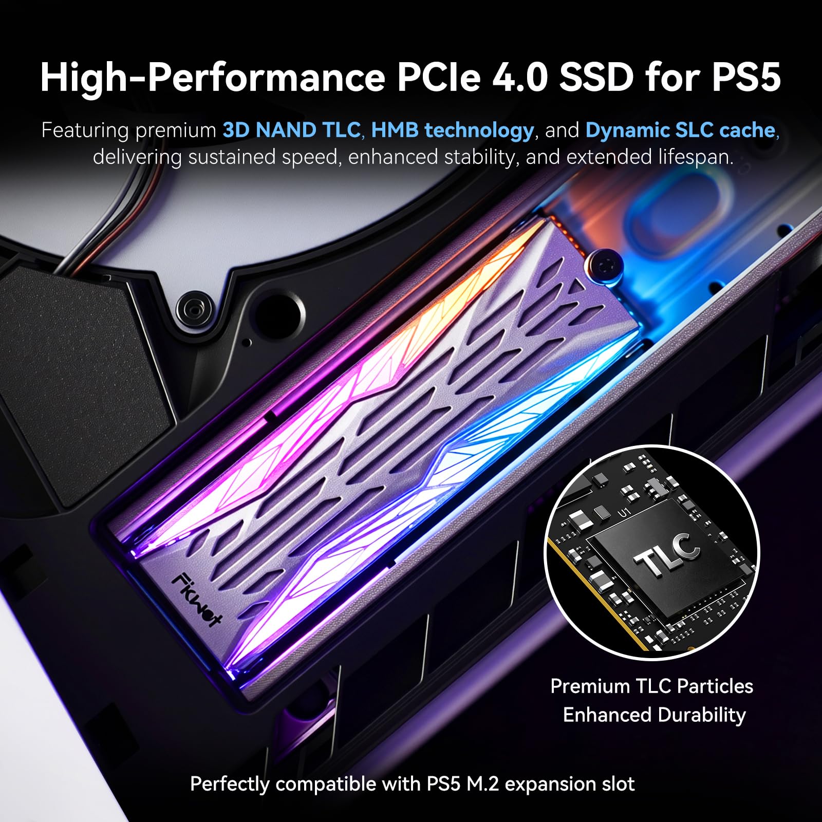 Fikwot FN990 NVMe SSD M.2 2280 PCIe Gen4x4 avec dissipateur thermique RVB, jusqu'à 7450 Mo/s, 3D NAND TLC, disque SSD de jeu interne pour PS5 et ordinateur de bureau
