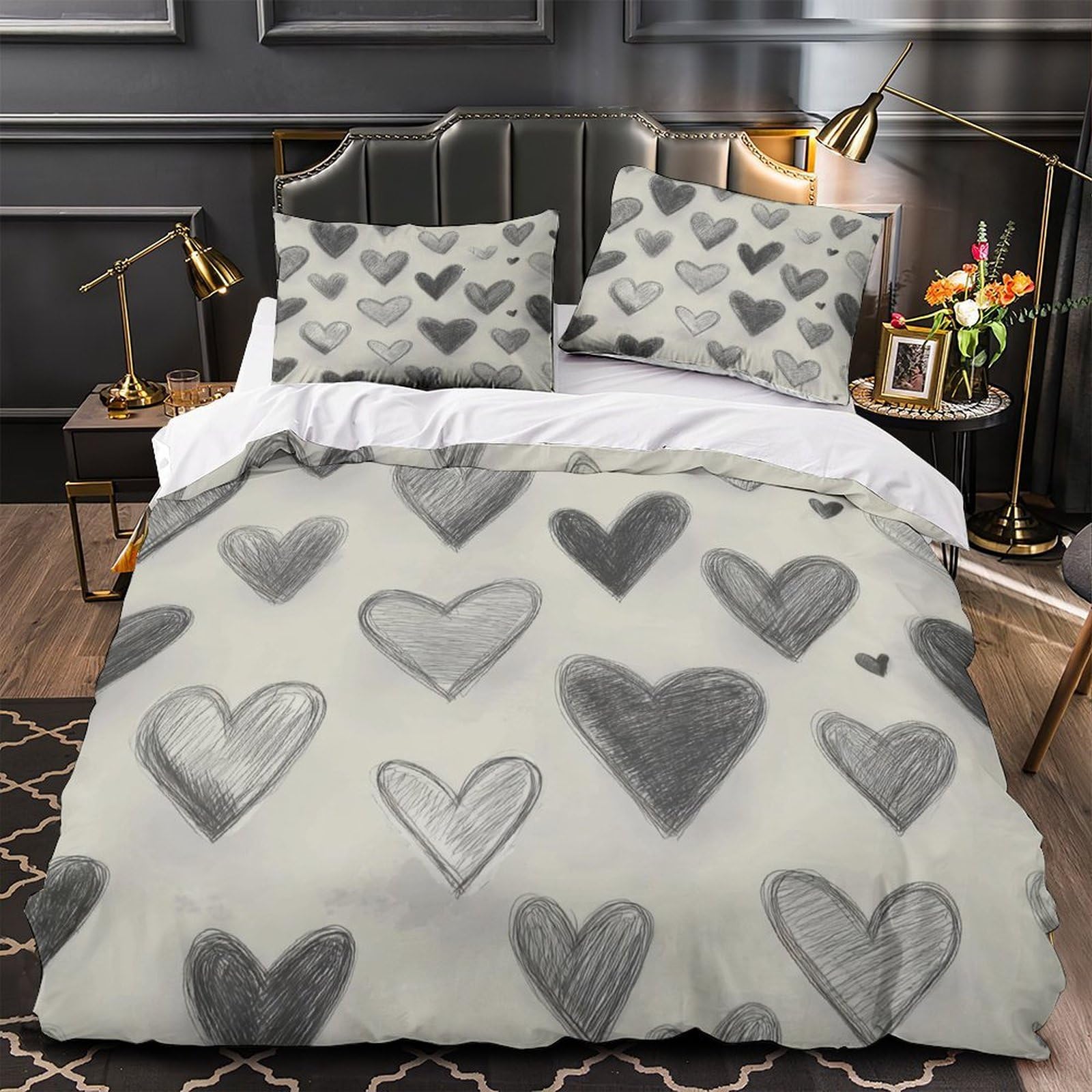 MMDASBVPE Hand Drawn Hearts Quilt Cover 3D Print Machine Washable 3 Pieces Bed Set Hidden Zipper Comforter Cover Extra Soft Hypoallergenic for Adults Kids Teens Women Youth Double（200x200cm）