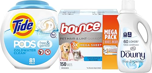 Paquete hipoalergénico cápsulas suaves y libres de Tide PODS sábanas para secadora de mascotas Bounce líquido suavizante de tela Downy Ultra Plus