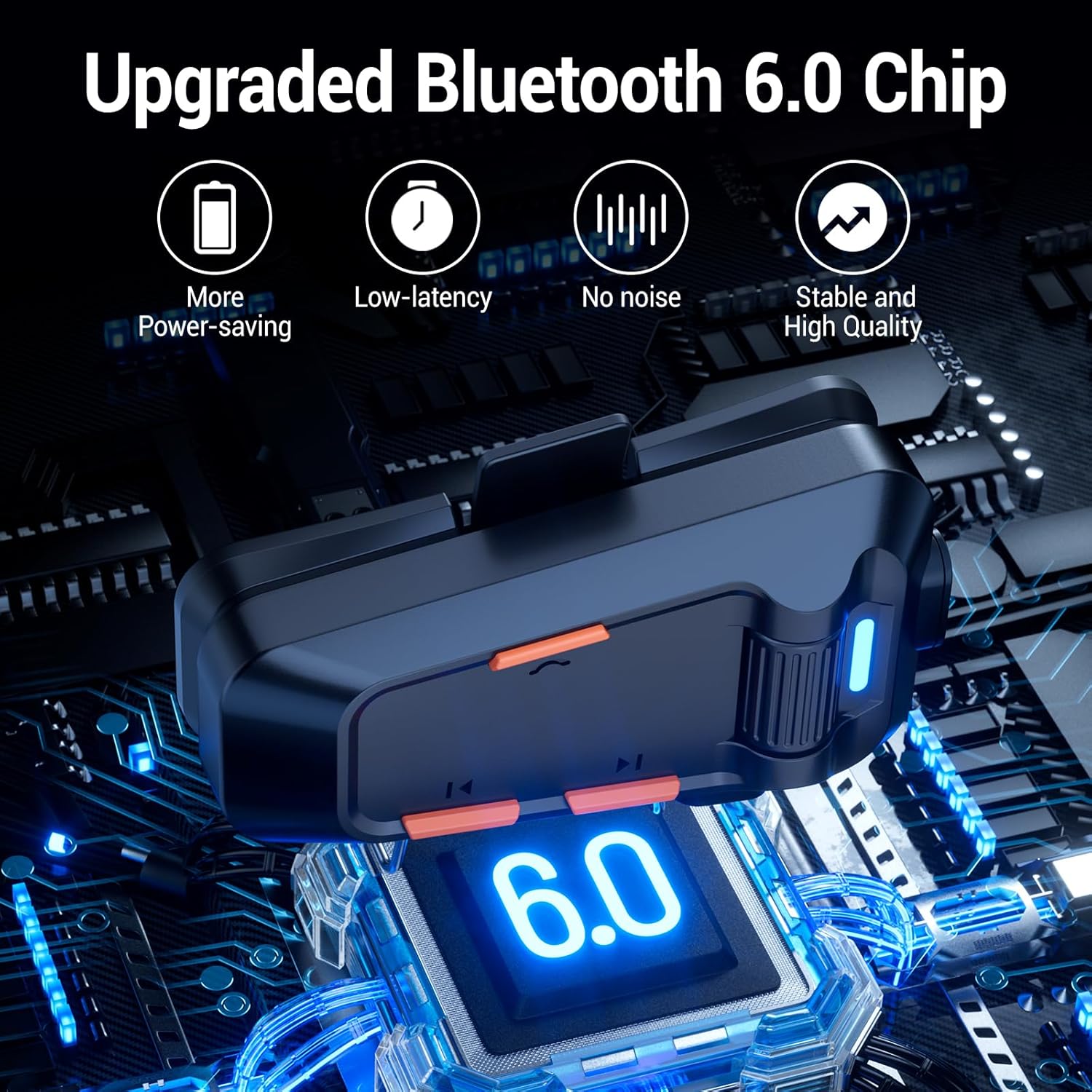 Several motorcyclists riding in a group, with Bluetooth icons above their helmets indicating active group communication within a range of 200-520 meters.