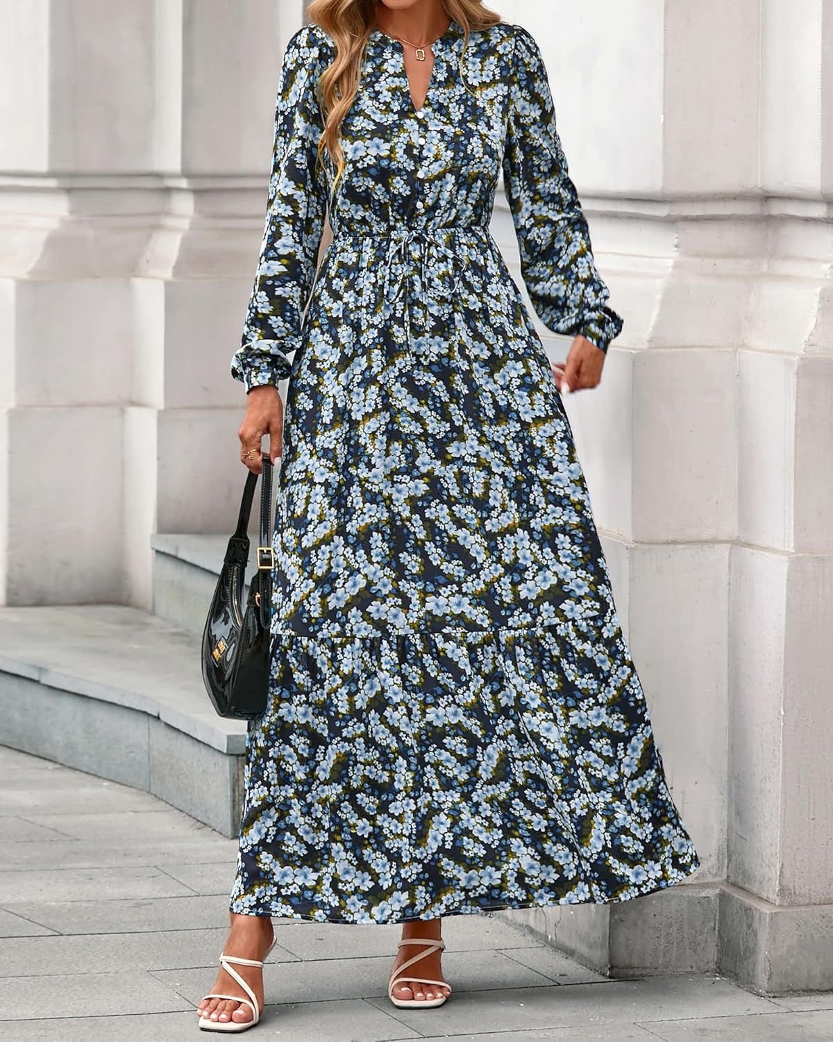 BTFBM Women Boho Maxi Dress Fall Fashion 2025 Floral Long Sleeve V Neck Button Pockets Flowy Vacation Wedding Dresses - Image 2