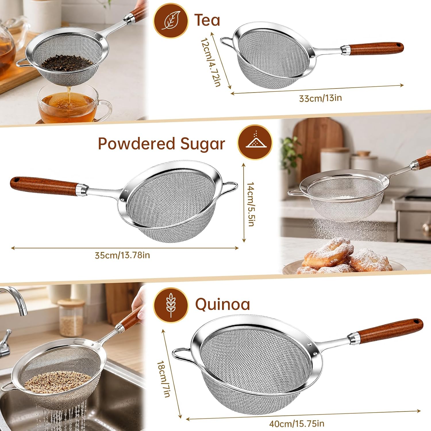 Fine Mesh Strainer Set, 30 Mesh 304 Stainless Steel Kitchen Sieve with Wooden Handle, 3 Sizes 12/14/18cm, for Sifting Flour, Tea, Rice, Pasta and Food Prep, 3 Piece Set