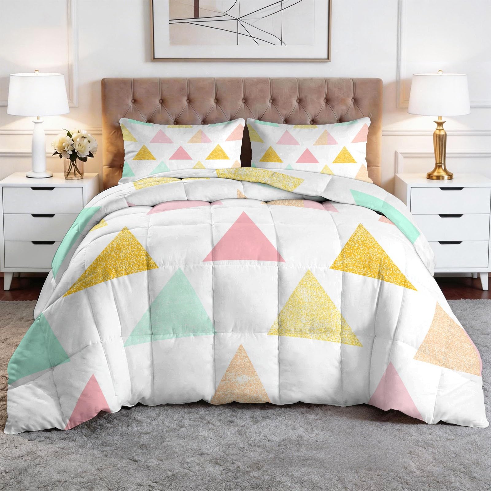 Edredón cálido geométrico de triángulos 140x200 cm colcha blanca lavable para cama