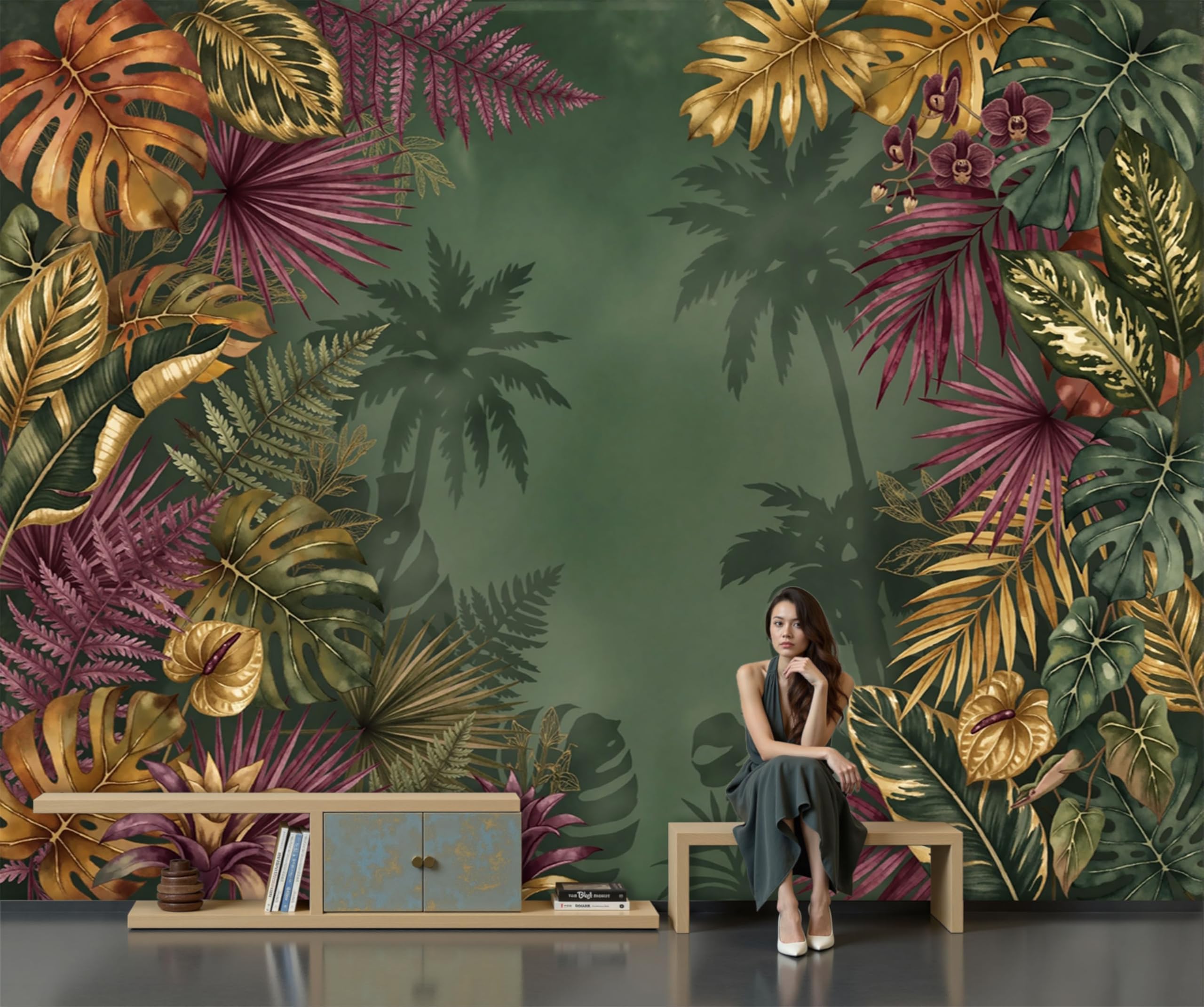 Carta Da Parati Effetto 3D Piante tropicali di lusso 300x210cm Fotomurali seta, Orchidea a foglia di banana Uccello del paradiso Decorazione Poster Arte Murale Moderna per Casa Ufficio