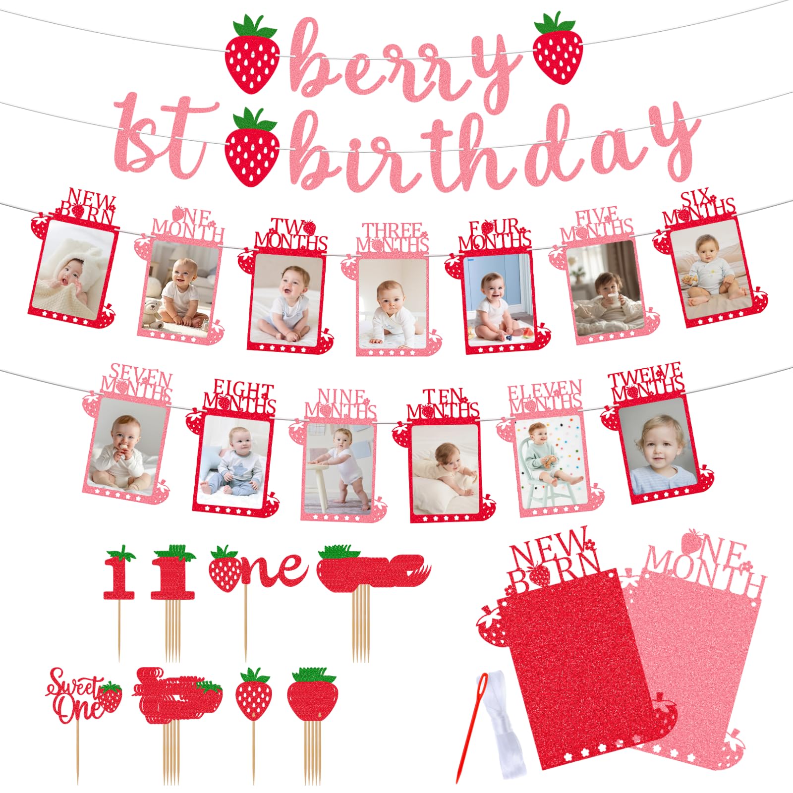 Glitter Strawberry Photo Banner for First Birthday Party Decorations Berry 1st Birthday Monthly Picture Banner from Newborn to 12 Months Sweet ONE