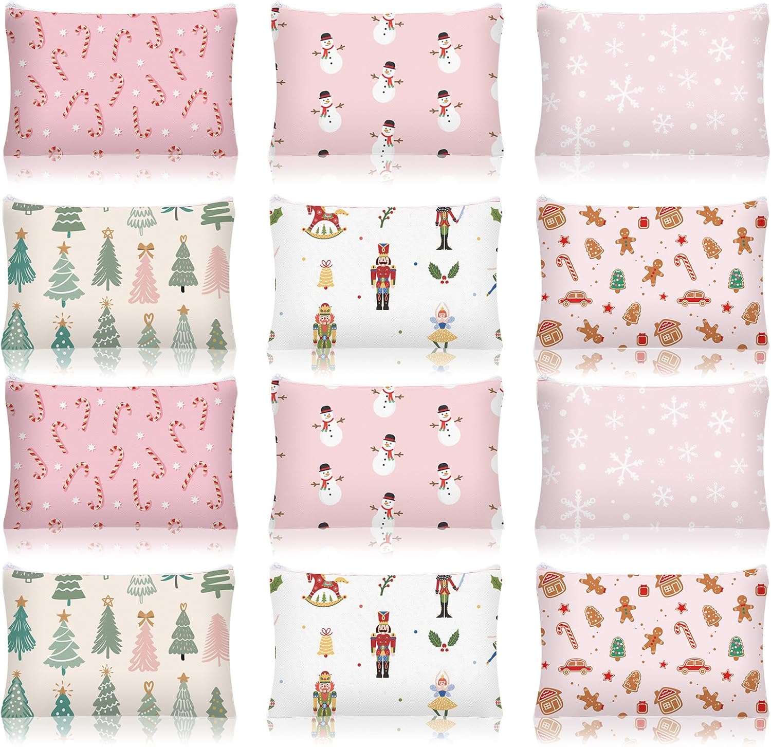 12 Pcs Christmas Makeup Bags Pink Christmas Canvas Cosmetic Bags Bulk 9 x 6 Inches Cute Pencil Pouch with Zipper Travel Toiletry Pouch for Women Winter Holiday Xmas Party Favor Gift