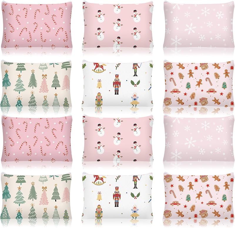 SilTriangle Necessaires de Natal Rosa em Lona com Zíper, Pacote com 12