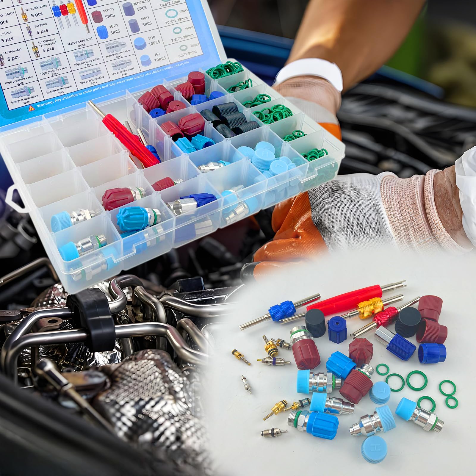 Kit de 604 piezas de núcleo de válvula de aire acondicionado R134a y tapón antipolvo para coche, caja de herramientas de mantenimiento del sistema de aire acondicionado, junta tórica, válvula