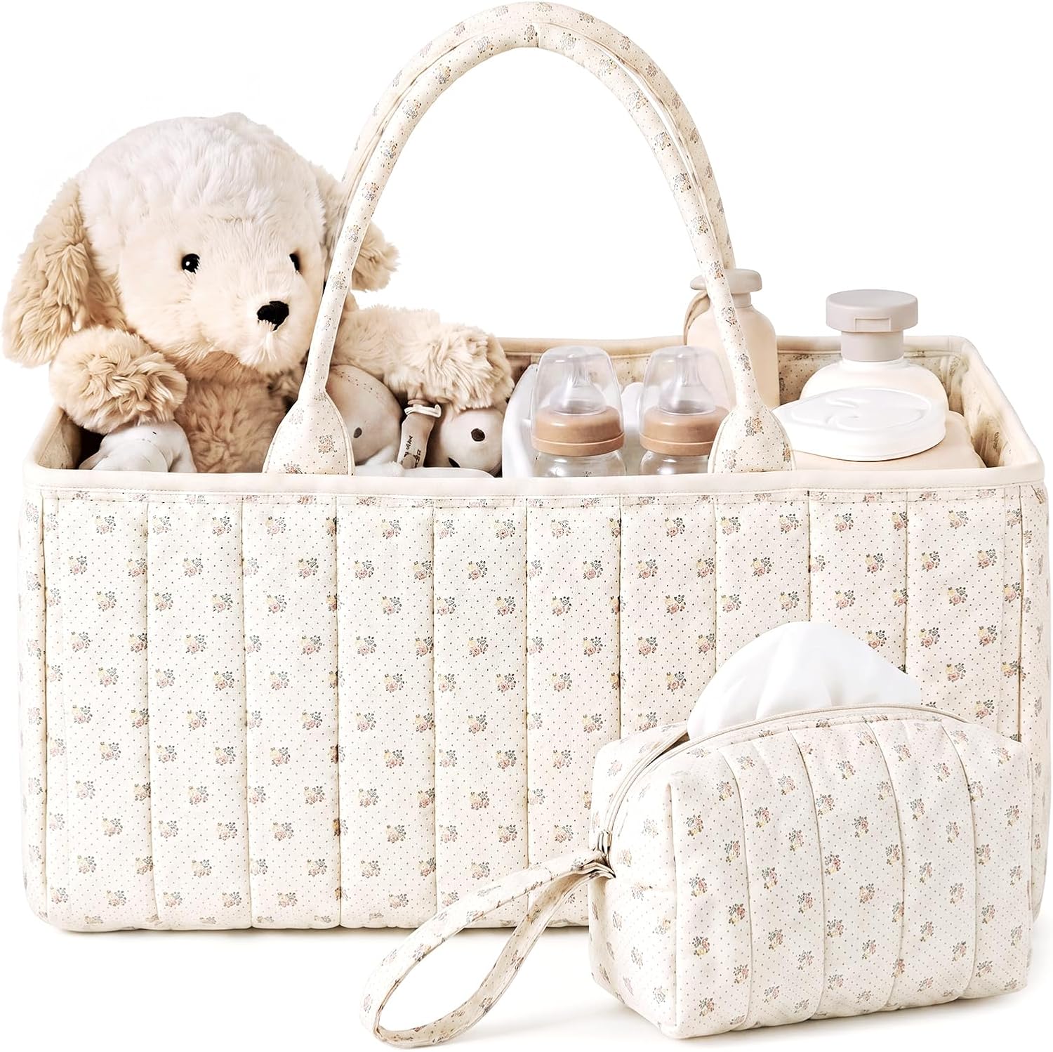 2 Set Baby Diaper Caddy Organizer, Nursery Storage, Beige Floral