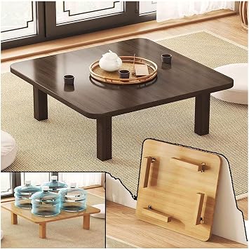 Japanese-Style Square Folding Tea Coffee Table for Living Room, Small Folding Desk, Sitting Table, Bamboo Laptop Desk Mid-Century Modern Low Table,Brown,D1.5xW31.5xH10.6