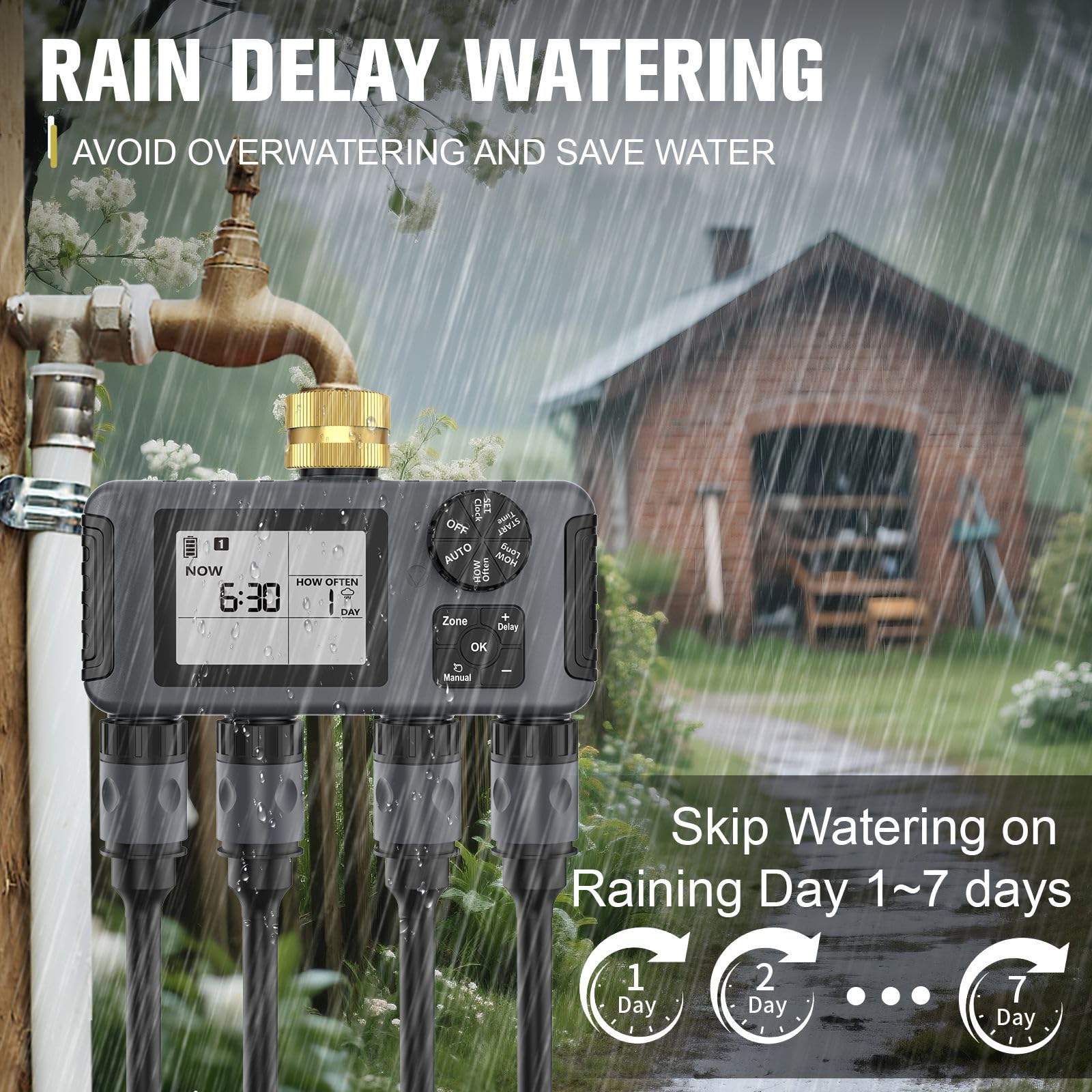 Timer per tubi da giardino a 4 zone Modalità di ritardo della pioggia manuale automatico IPX5 Regolatore di irrigazione del rubinetto in ottone resistente alle intemperie per iarde irrigazione