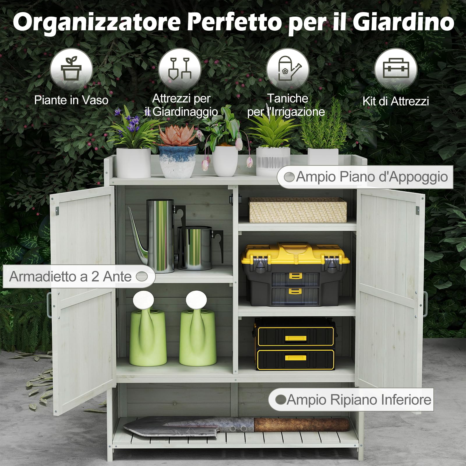 COSTWAY Armadio da Esterno in Legno Massello con Ripostiglio, 2 Ante e Piano di Lavoro