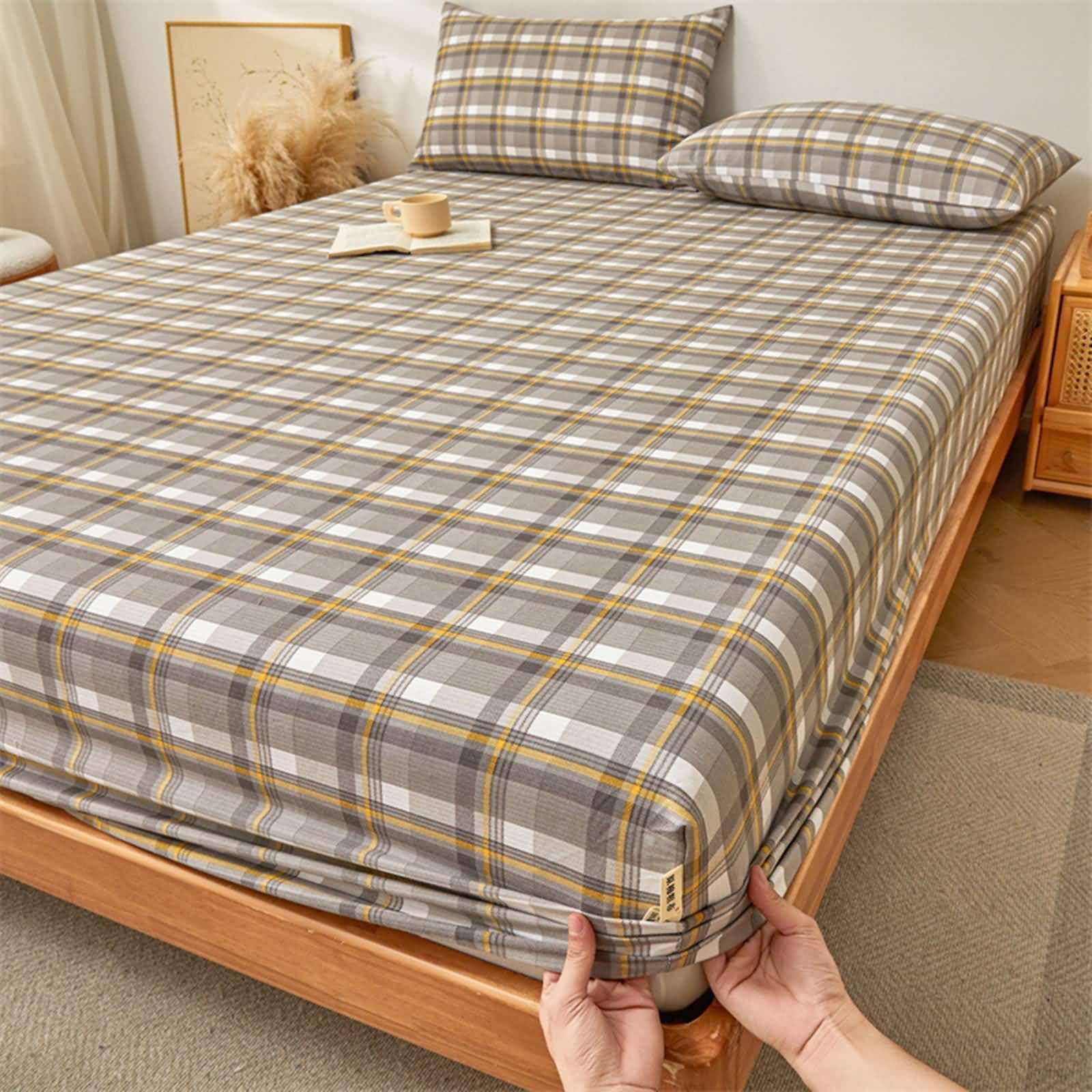Drap housse matelas épais 200x220 en coton à motif treillis pour lit double Beydodo