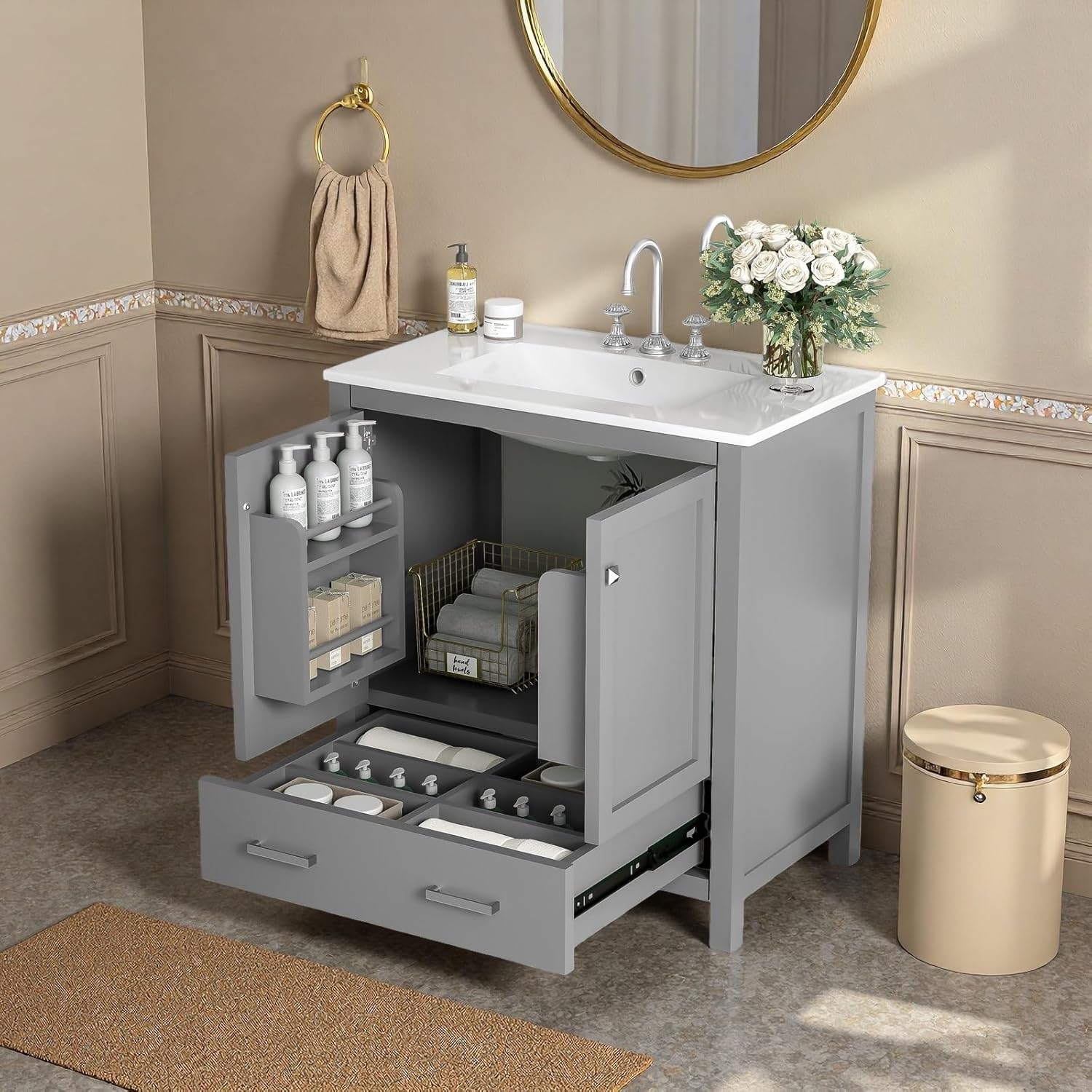 30" Freestanding Bathroom Vanity with Sink, Floor Stand Bathroom Storage Cabinet with Ceramic Sink, Doors with Double-Layered Storage Shelves, Modern Compact Vanity with Divided Drawer, Gray