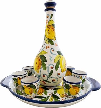 Limoncello Set 8 Pieces - Hand Painted Ceramic - 6 Glasses, 1 Vase and 1 Bottle
