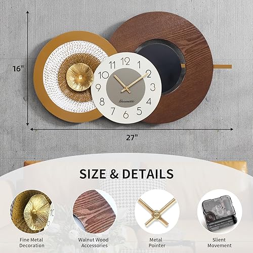 Miniatura 2 de Reloj de pared moderno, bohemio, de madera y metal, compacto, funciona con pilas, relojes silenciosos para sala de estar, dormitorio, cocina, hogar,