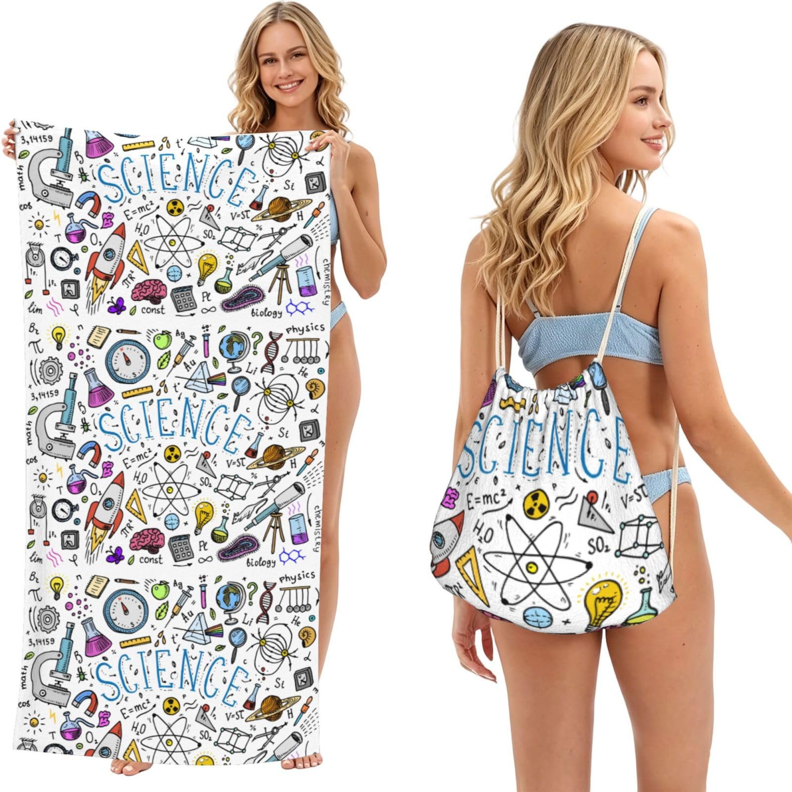 Poadnly As Picture Science, 2 In 1 Packable Towel Bag, Beach Towels With Drawstring Backpack For Travel Holiday Camping