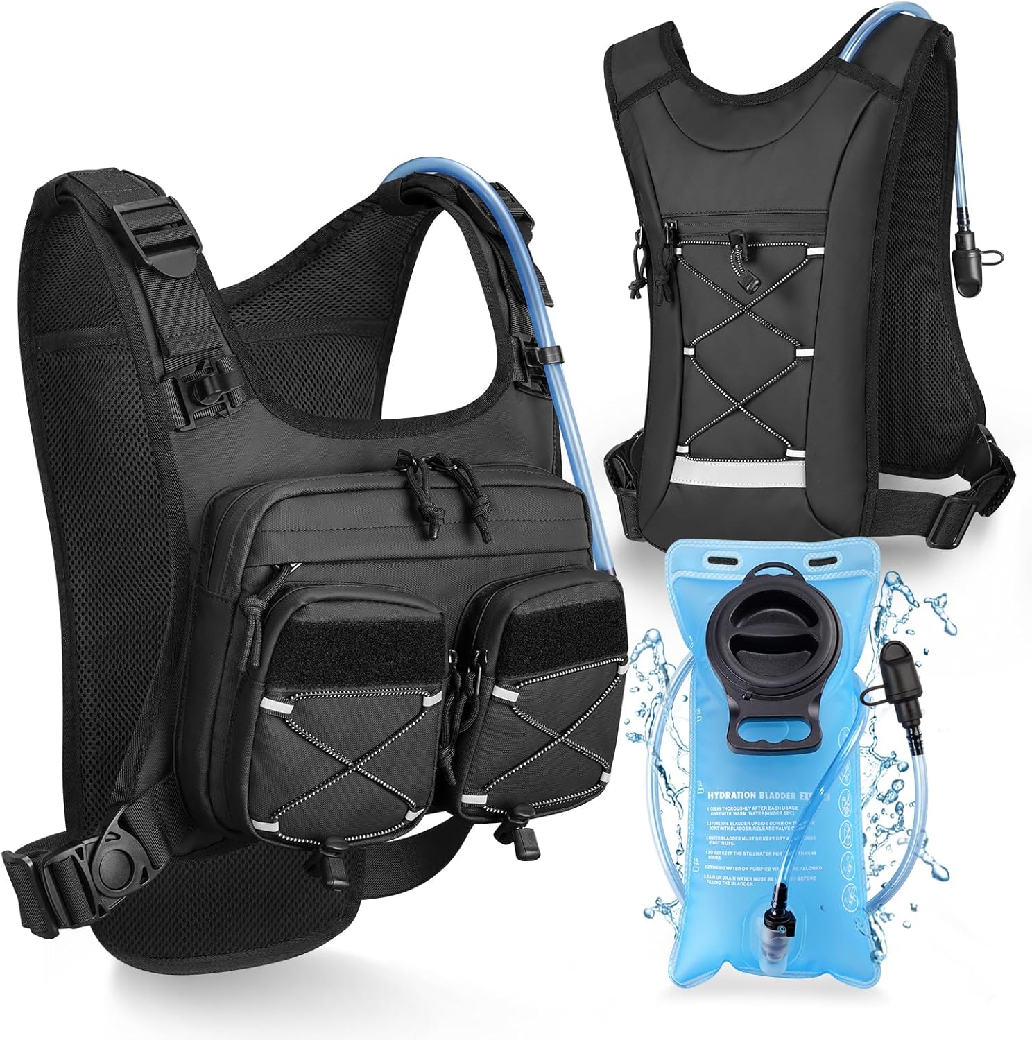 NOOLA Running Vest with 2L Water Bladder, Reflective Hydration Backpack for Men Women, Lightweight Chest Pack with Phone Pocket Adjustable Running Backpack for Marathon Fishing Cycling Hiking