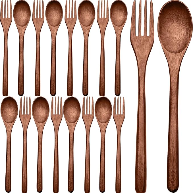 Patelai 16 Pieces Wooden Spoons Forks Set Wooden Utensils for Eating