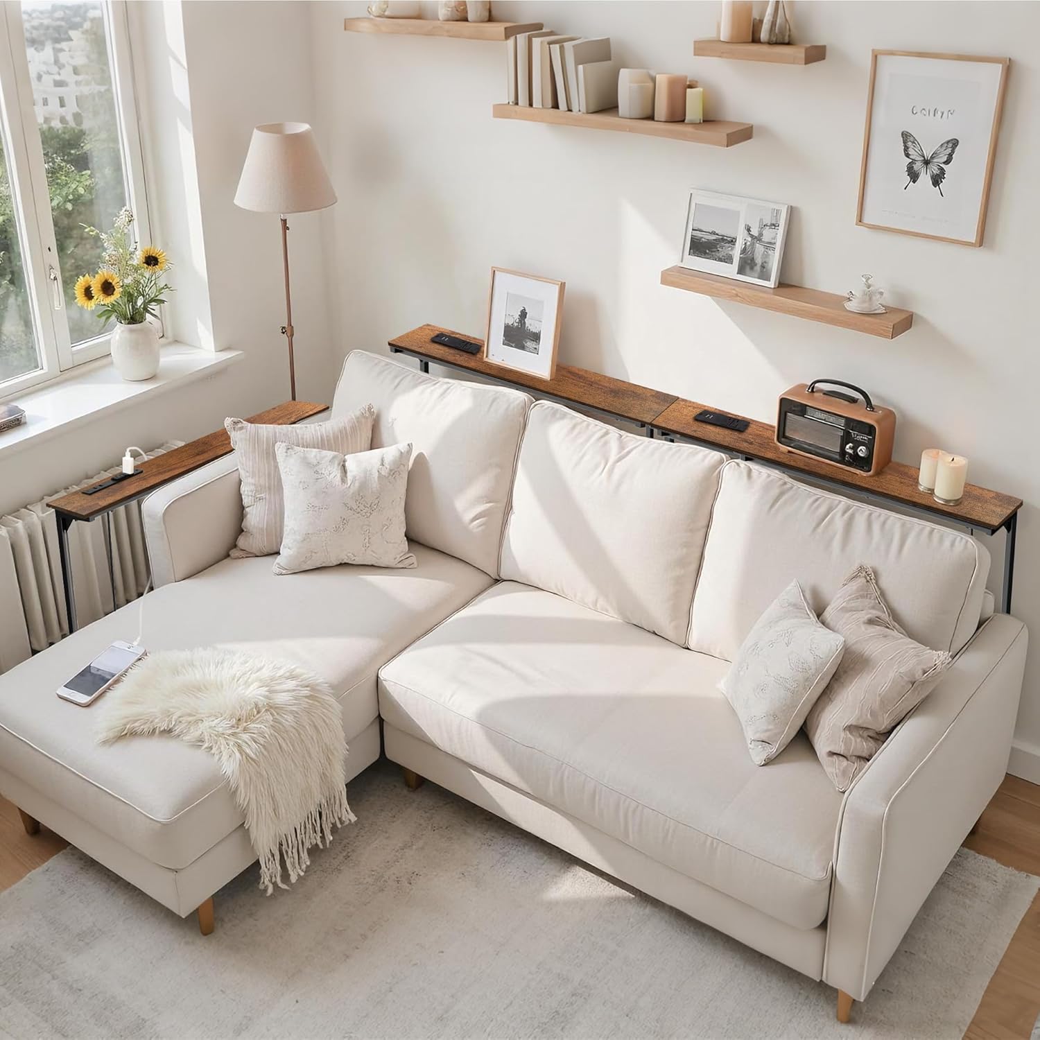 Keelian 35 inch Narrow Console Table with Outlet,Adjustable Height(25"-37") Behind Sofa Table,Couch Behind Table Skinny,Couch Shelf with Charging Station,Long Entryway Tables for Living Room,Brown Rustic Brown 35" height-adjustable